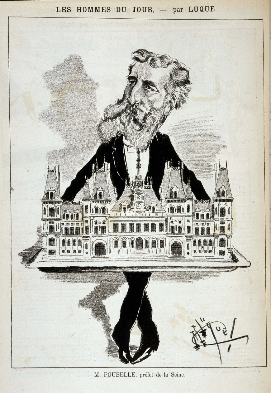 Cartoon door M. Poubelle, prefect van de Seine, die het stadhuis van Parijs op een plateau draagt - Tekening door Luque, in 