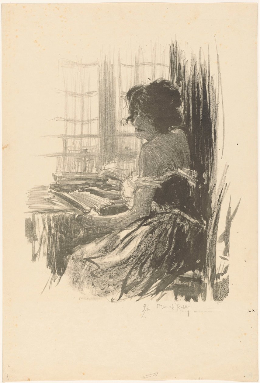 Lezende vrouw achter een tafel voor het raam door Manuel Robbe (signed by artist)
