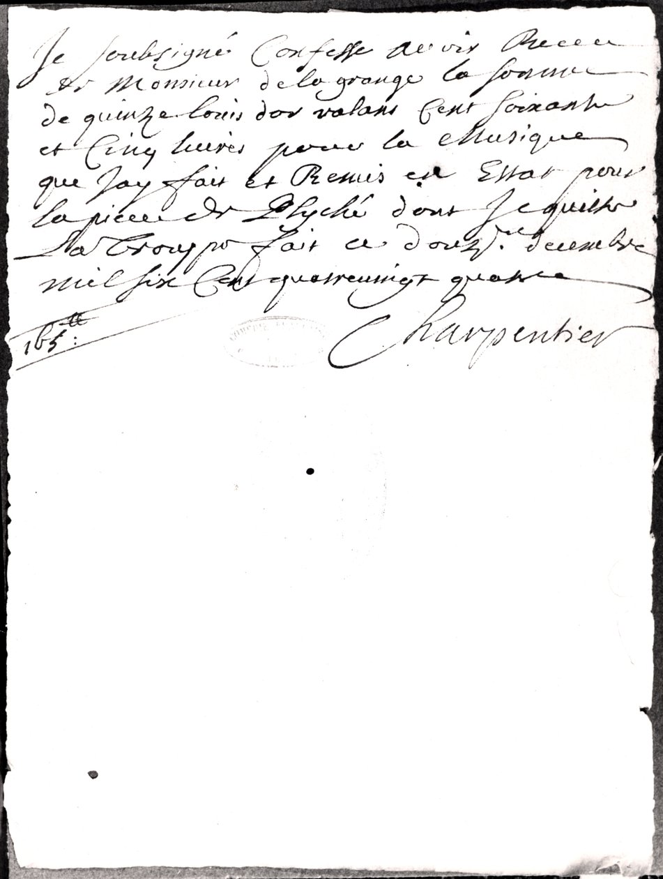 Brief over de muziek gecomponeerd door Charpentier voor Psyche door Molière (1622-73) 1684 door Marc Antoine Charpentier