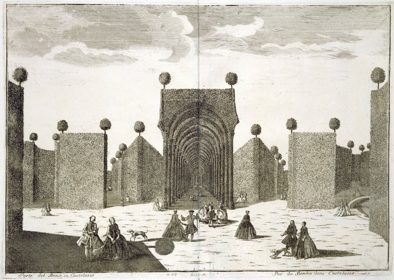 De topiary-tuinen, uit Delights of the Villa Castellazzo, door Domenico Felice Leonardi, gepubliceerd 1743 door Marc