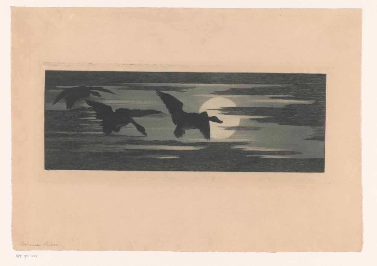 Drie eenden trekkend langs de ondergaande zon door Marc Henry Meunier (attributed to)