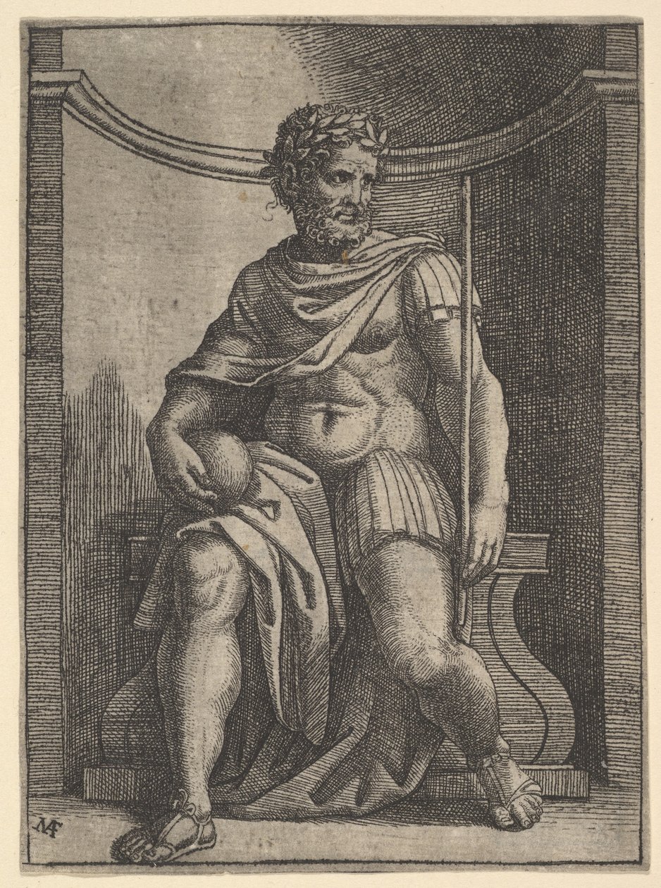 Een Romeinse keizer zittend in een nis met een globe en scepter, ca. 1500-1534 door Marcantonio Raimondi
