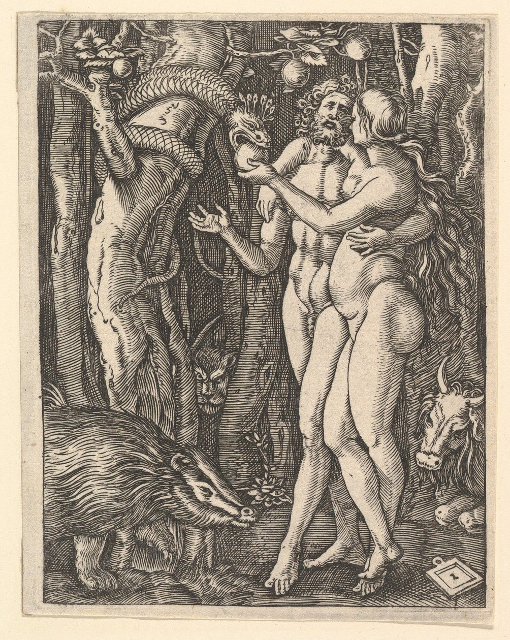 Adam en Eva met appel en slang, ca. 1500-1534 door Marcantonio Raimondi