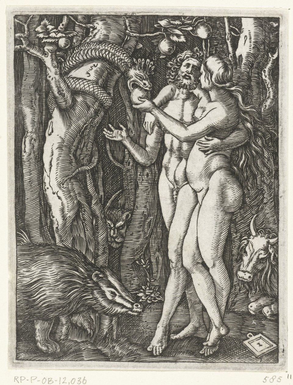 Adam en Eva bij zondeval in paradijs door Marcantonio Raimondi