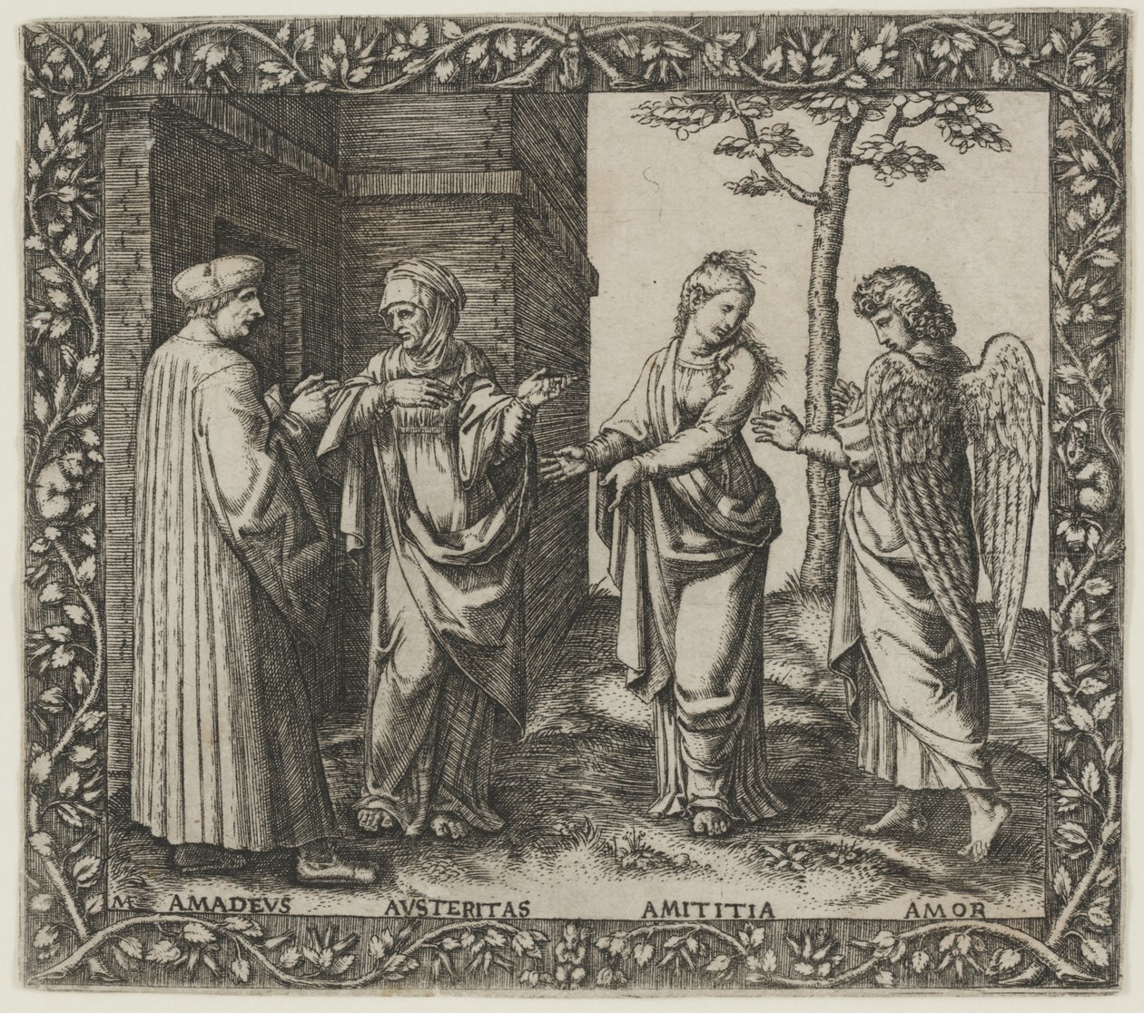 Amadeus Berruti met Austeritas, Amititia en Amor door Marcantonio Raimondi