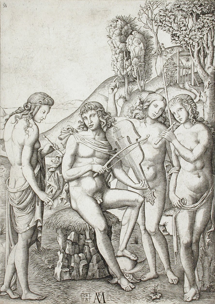 Apollo onderwijst de Gratiën in muziek door Marcantonio Raimondi