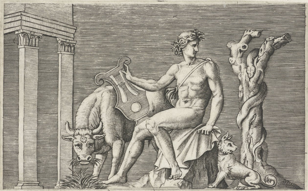 Apollo bewaakt de kudde van Admetus door Marcantonio Raimondi