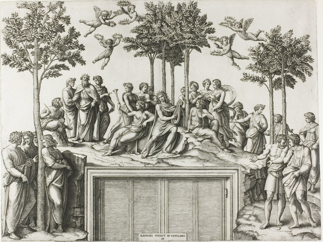 Apollo op Parnassus, Omringd door de Muzen en Dichters door Marcantonio Raimondi