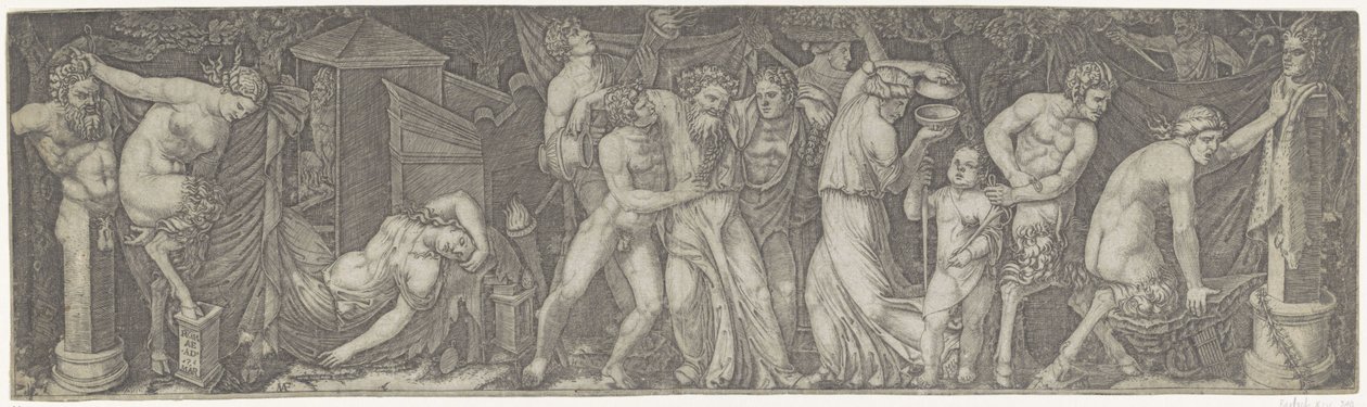 Bacchanaal met dronken Bacchus en saters en maeneaden door Marcantonio Raimondi
