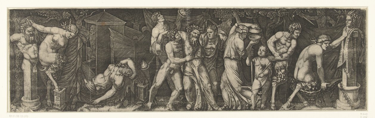 Bacchanaal met een dronken Bacchus, en saters en maenaden door Marcantonio Raimondi