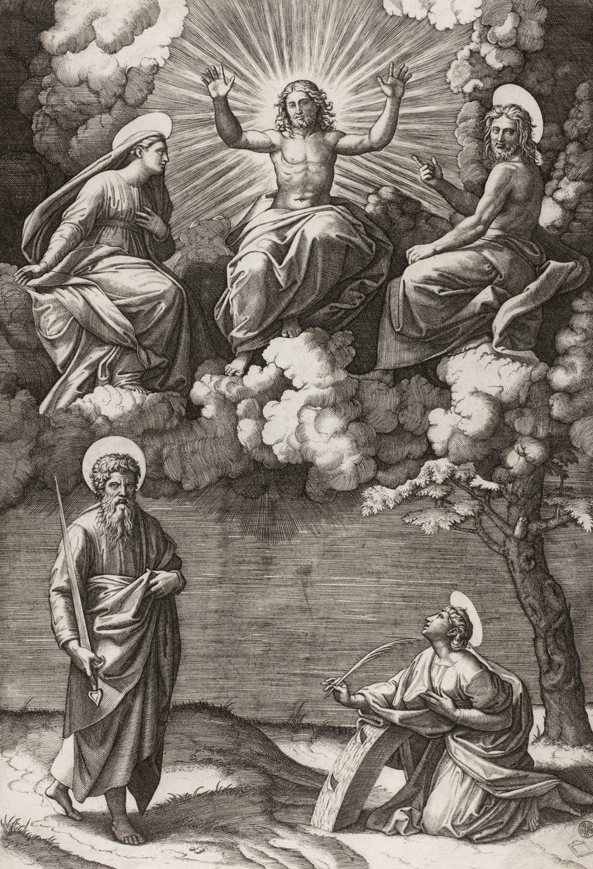 Christus, de Maagd en Sint Jan de Doper met Heiligen Paulus en Catharina door Marcantonio Raimondi