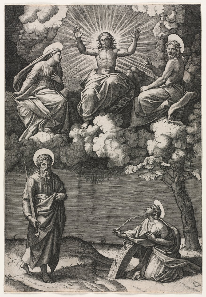 Christus, de Maagd, en St. Johannes de Doper met Heiligen Paulus en Catharina door Marcantonio Raimondi