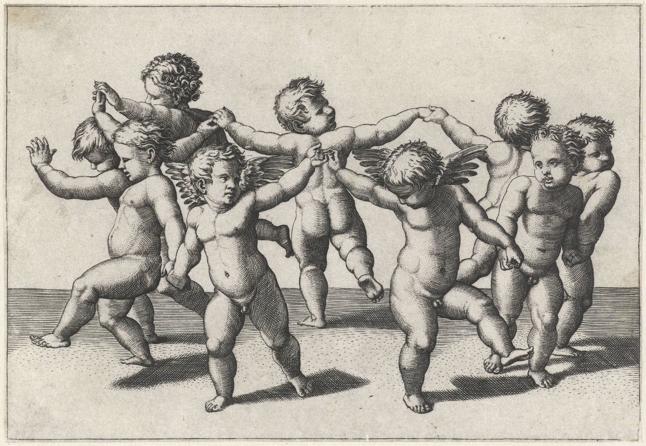 Dansende putti door Marcantonio Raimondi