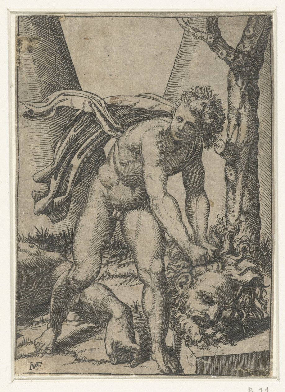 David met hoofd van Goliath door Marcantonio Raimondi