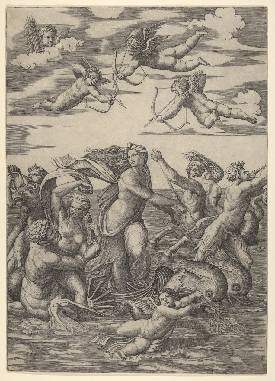 Galatea in een waterwagen getrokken door twee dolfijnen door Marcantonio Raimondi