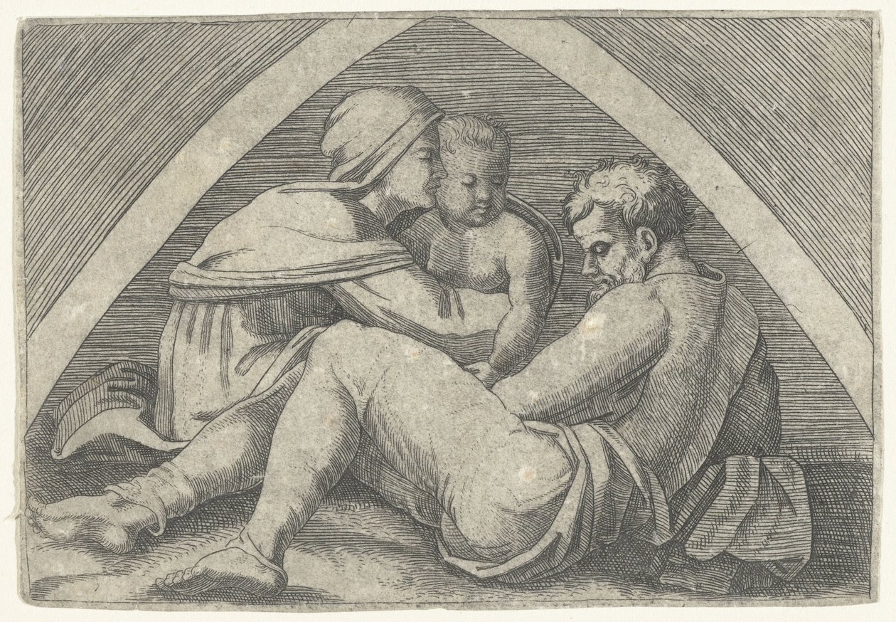 Heilige Familie onder een boog door Marcantonio Raimondi
