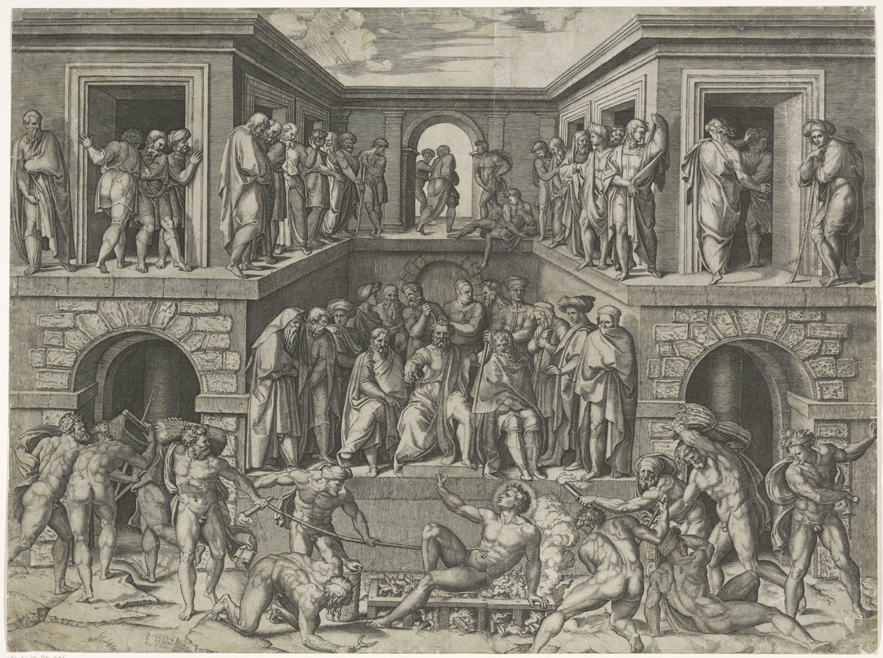 Het martelaarschap van de heilige Laurentius door Marcantonio Raimondi