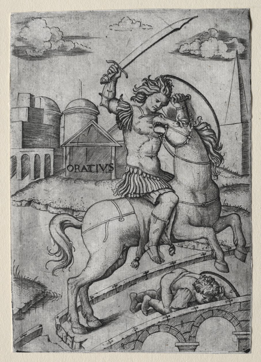 Horatius Cocles verdedigt de Sublicische brug door Marcantonio Raimondi