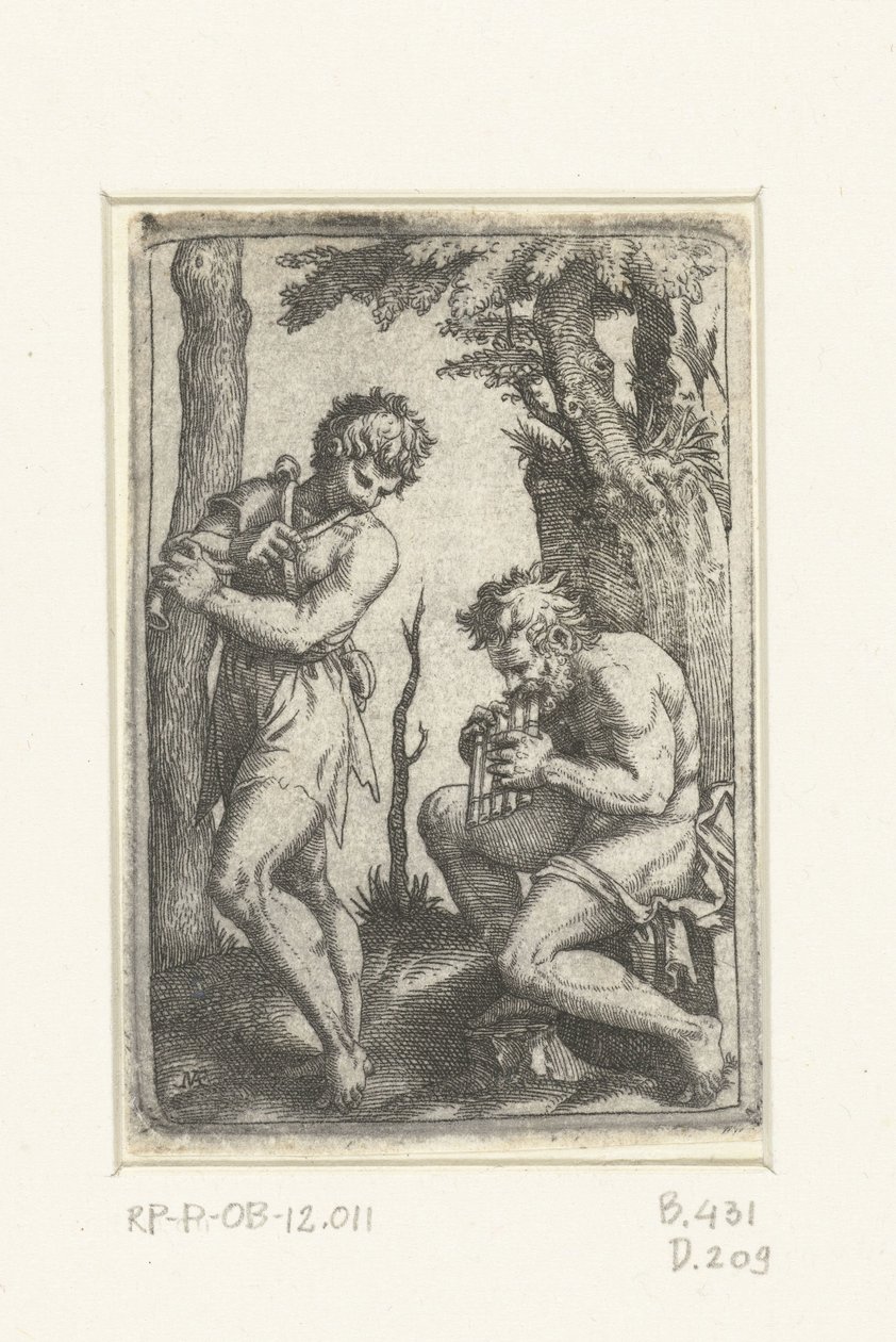 Jonge herder met schalmei en oude herder met panfluit door Marcantonio Raimondi