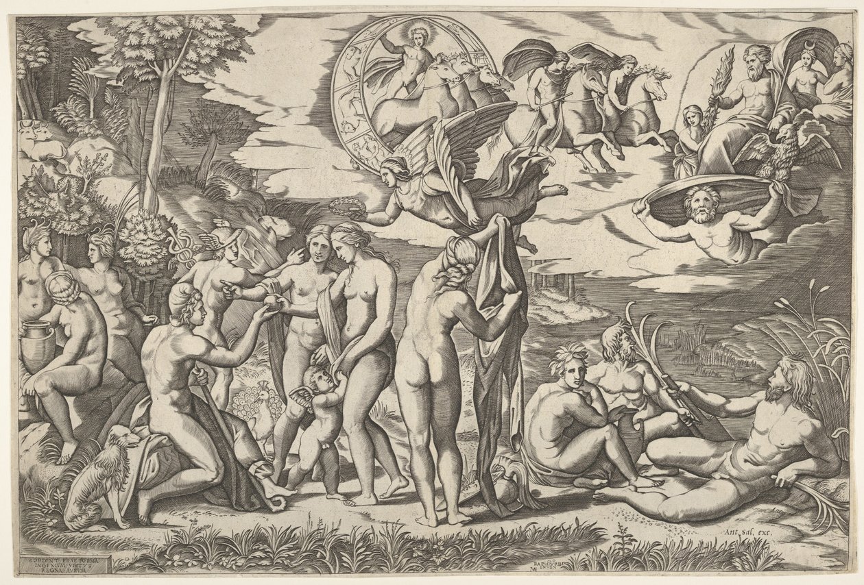Oordeel van Paris: Paris strekt zijn hand uit naar Venus, die tussen Juno en door Marcantonio Raimondi