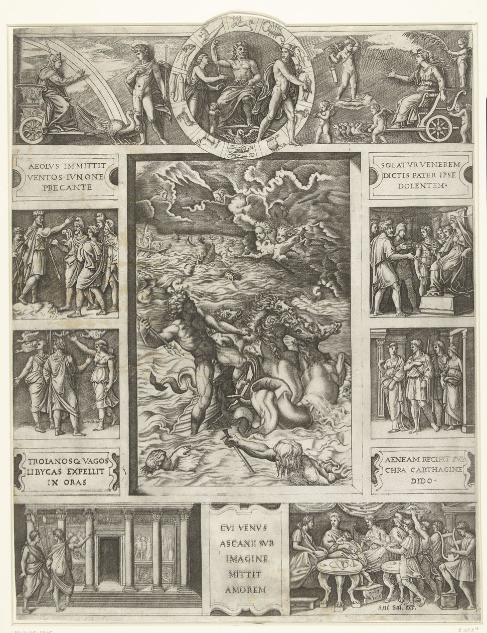 Jupiter bedaart de storm op zee in rechthoekige omlijsting met negen scènes uit epos Aeneis door Marcantonio Raimondi