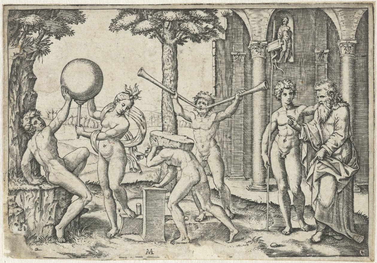 Man met twee trompetten en man met steen op zijn rug geflankeerd door man en vrouw met globe en oude en jonge man door Marcantonio Raimondi