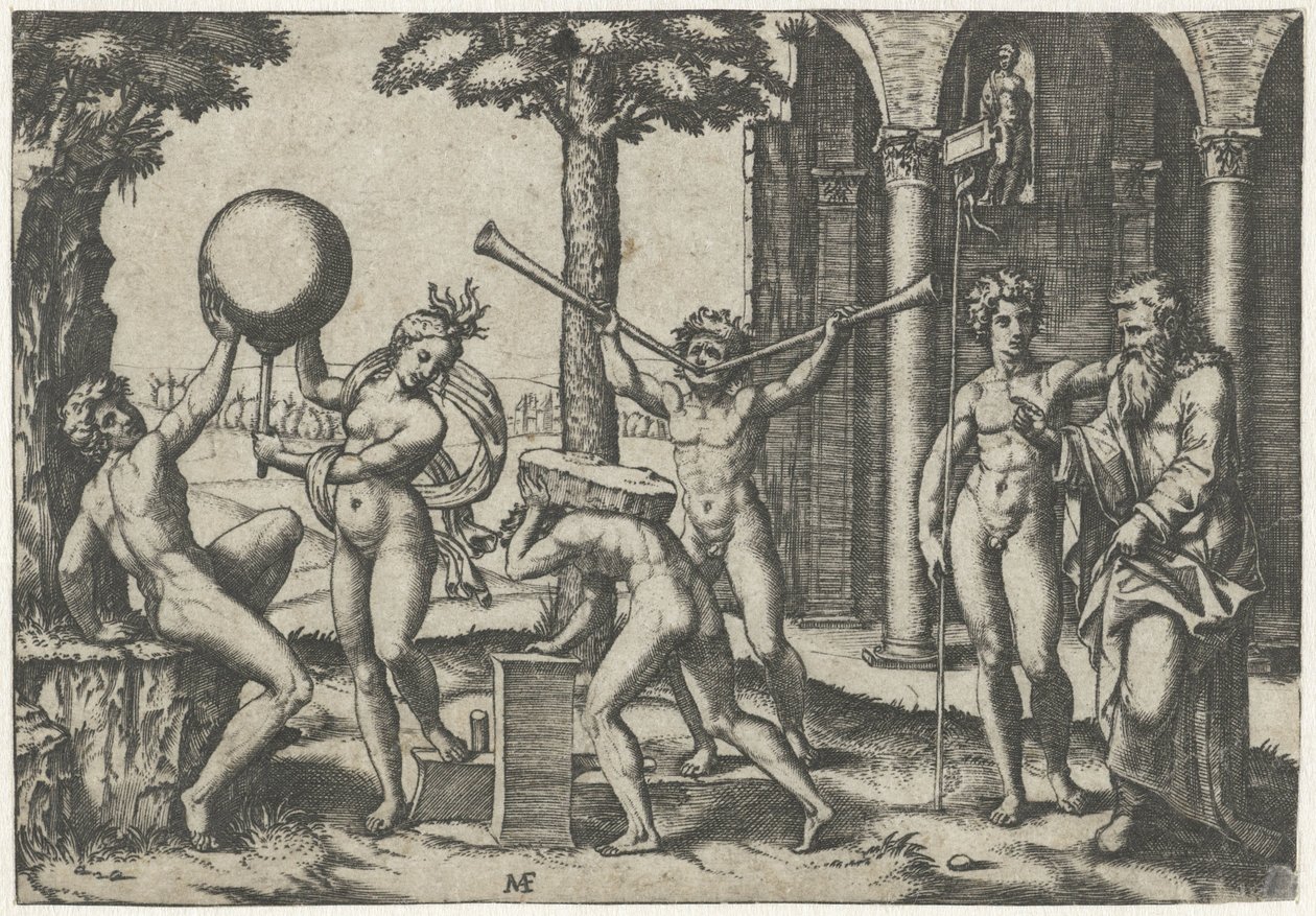 Man met twee trompetten en man met steen op zijn rug geflankeerd door man en vrouw met globe en oude en jonge man door Marcantonio Raimondi