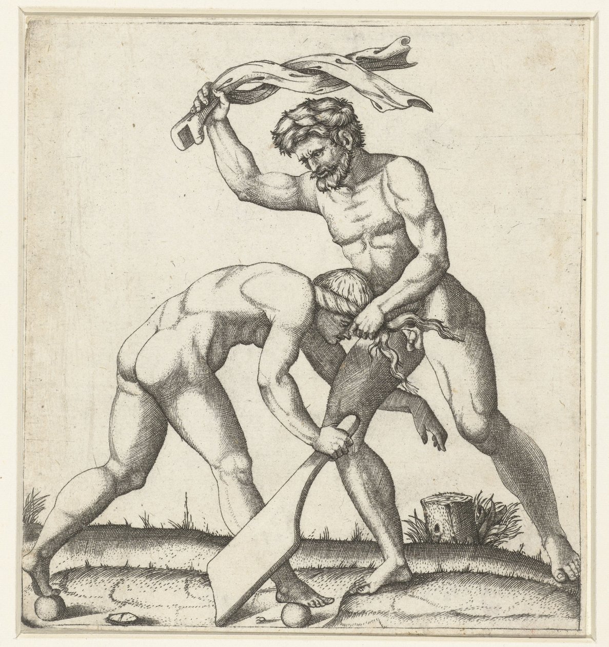 Man vechtend met vrouw als personificatie van Fortuin (Fortuna) door Marcantonio Raimondi