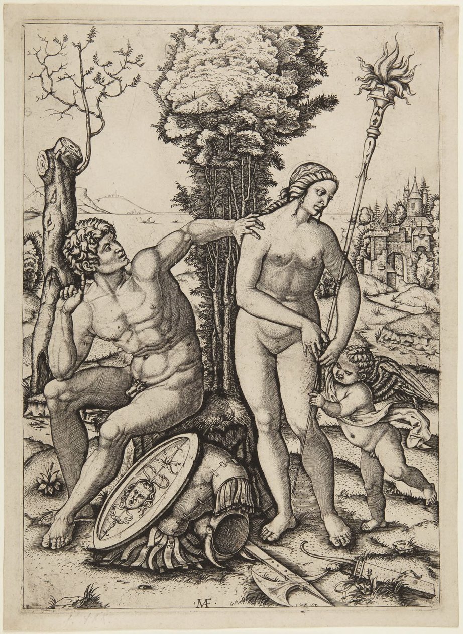 Mars, Venus en Cupido door Marcantonio Raimondi