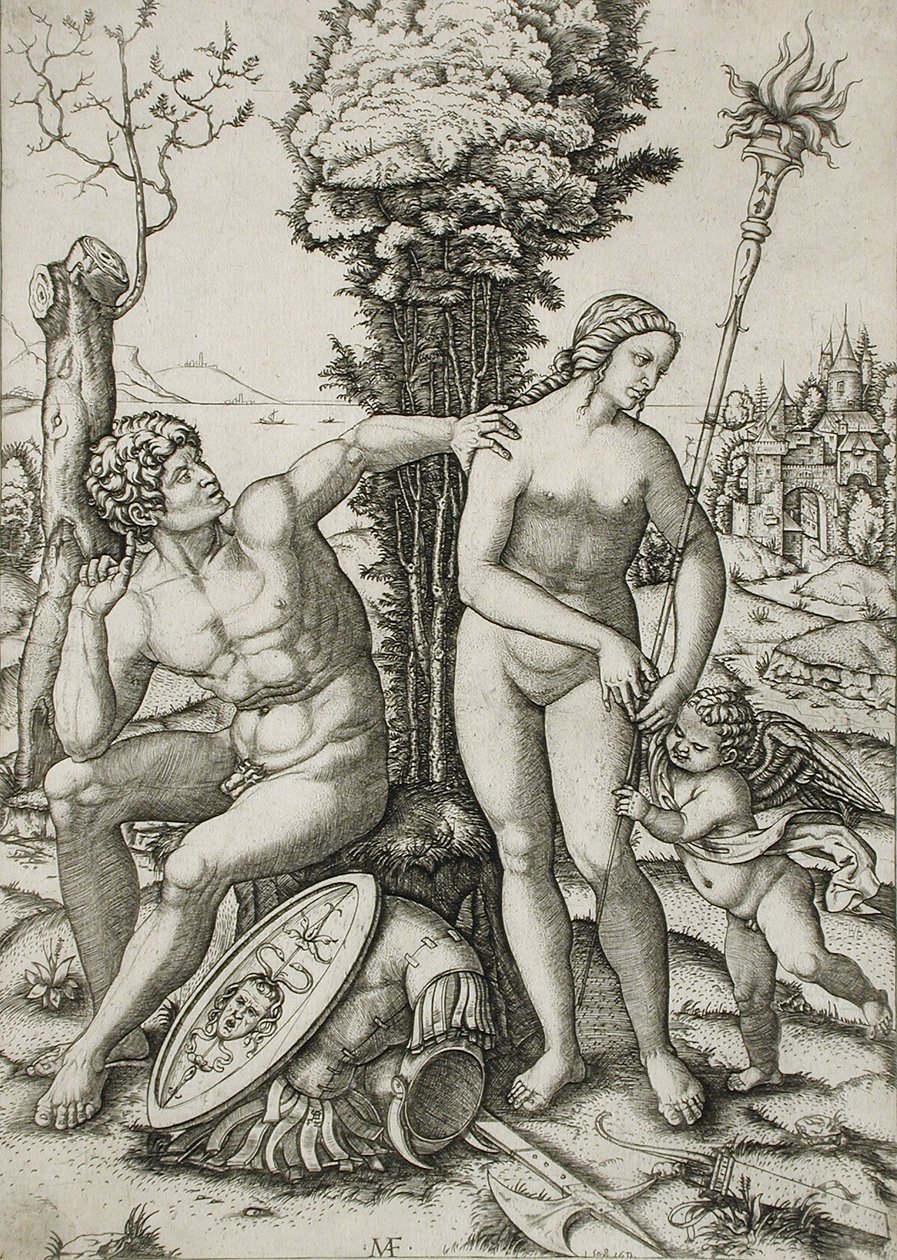 Mars, Venus en Cupido door Marcantonio Raimondi