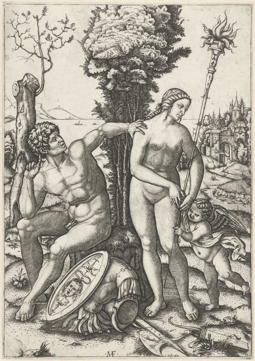 Mars en Venus als liefdespaar met Amor door Marcantonio Raimondi