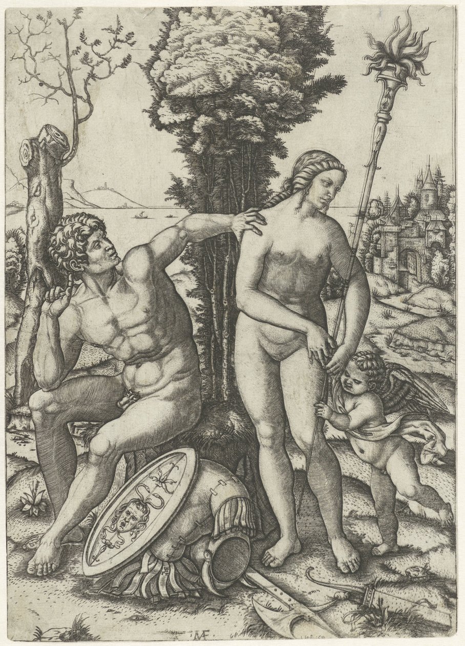 Mars en Venus als liefdespaar met Amor door Marcantonio Raimondi