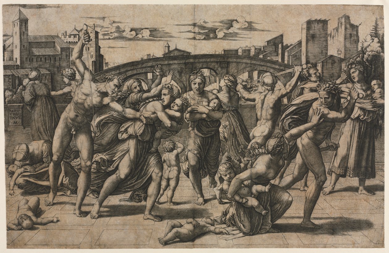 Slachting van de Onschuldigen (Met de Spar) door Marcantonio Raimondi