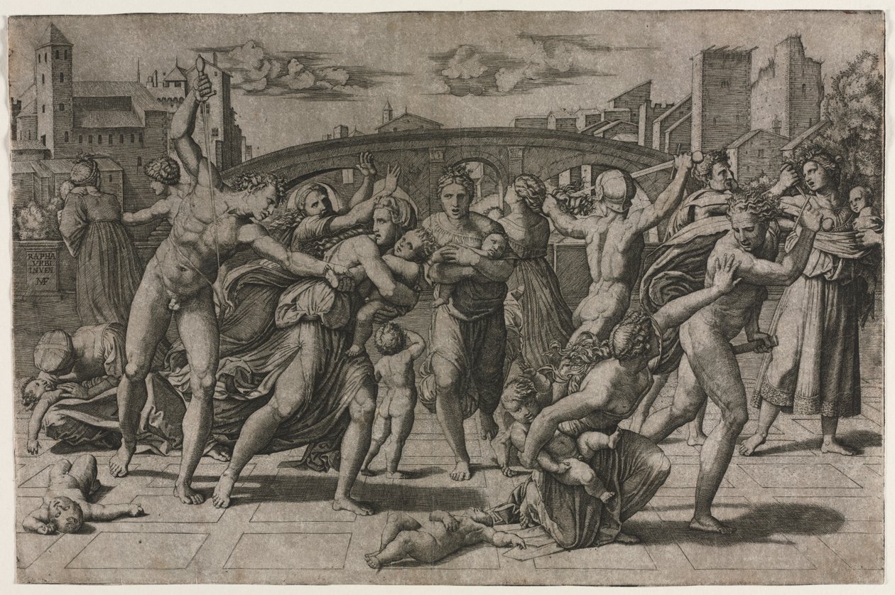 Bloedbad van de onschuldigen zonder de dennenboom door Marcantonio Raimondi