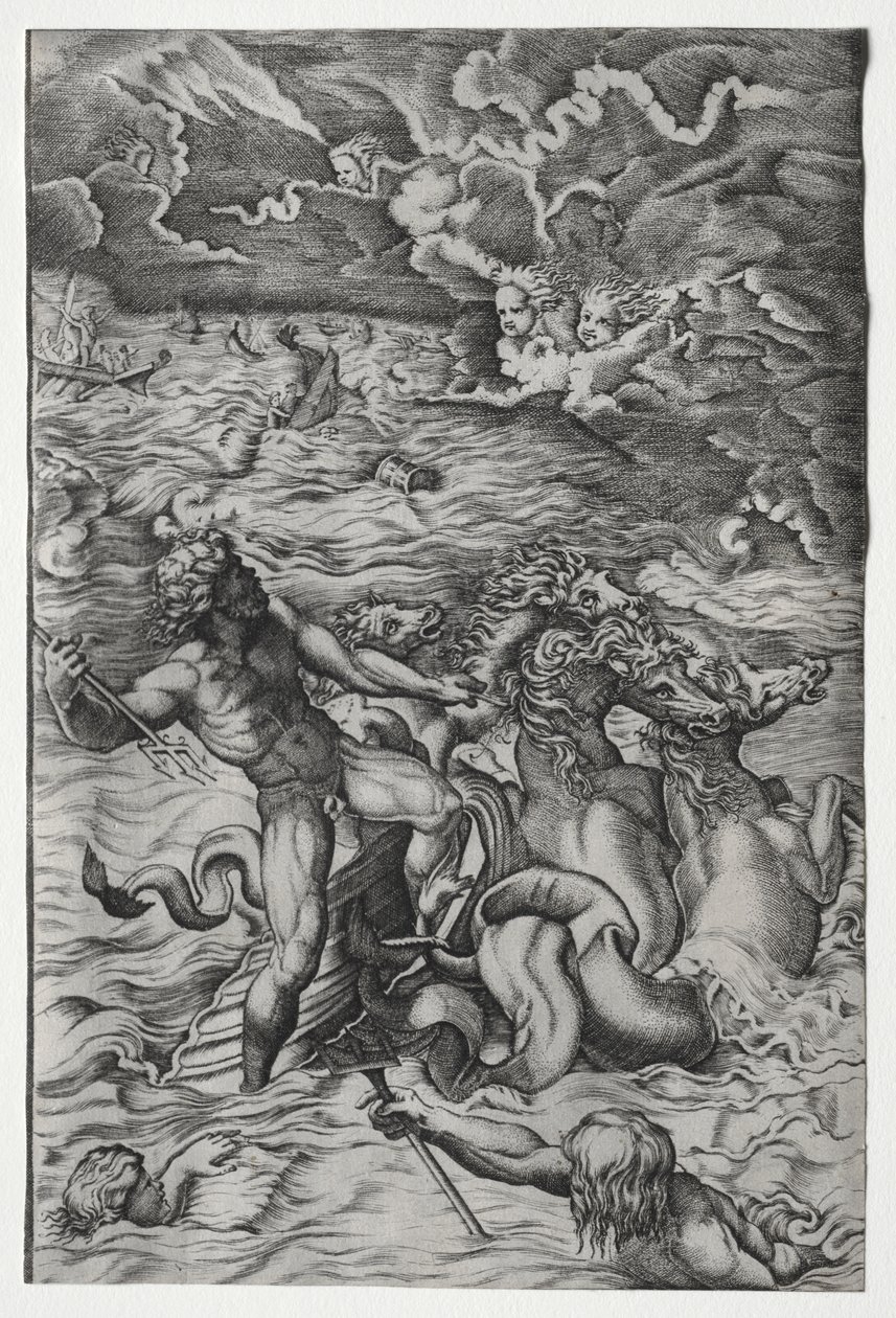 Neptunus kalmeert de storm die Aeolus tegen de vloot van Aeneas heeft opgewekt door Marcantonio Raimondi