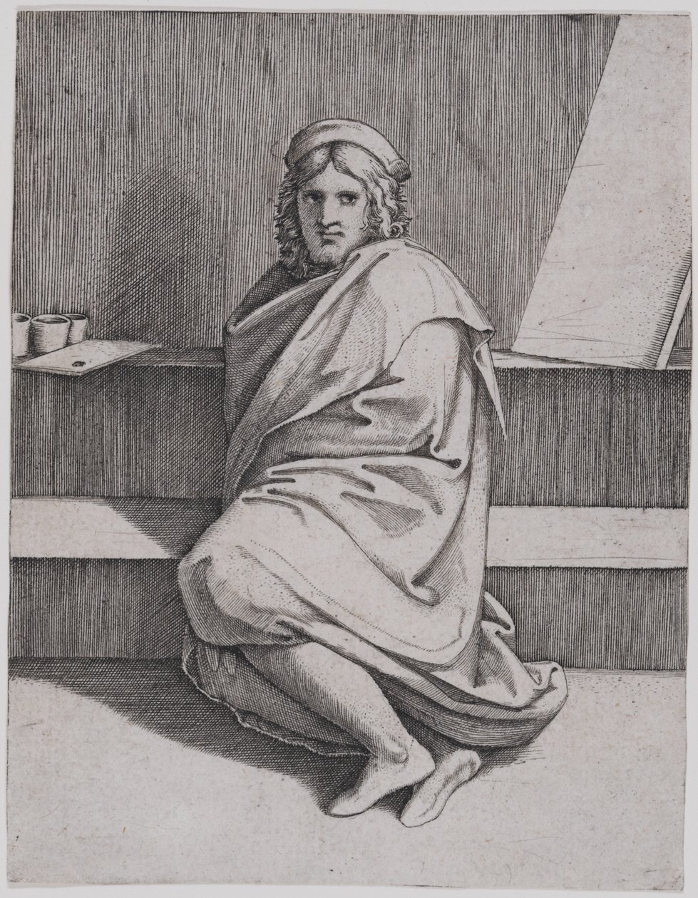 Portret van Rafaël, zittend door Marcantonio Raimondi