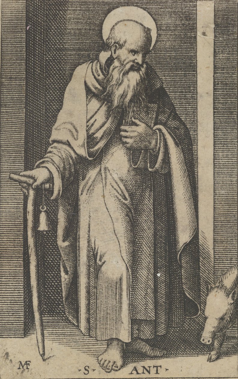 Sint Antonius, een staf in zijn rechterhand, uit de serie 