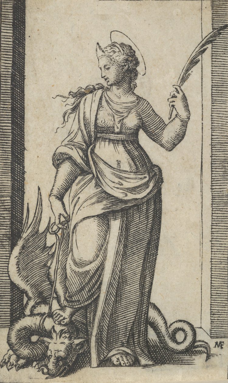 Sint Margaretha staand, een draak links, uit de serie 