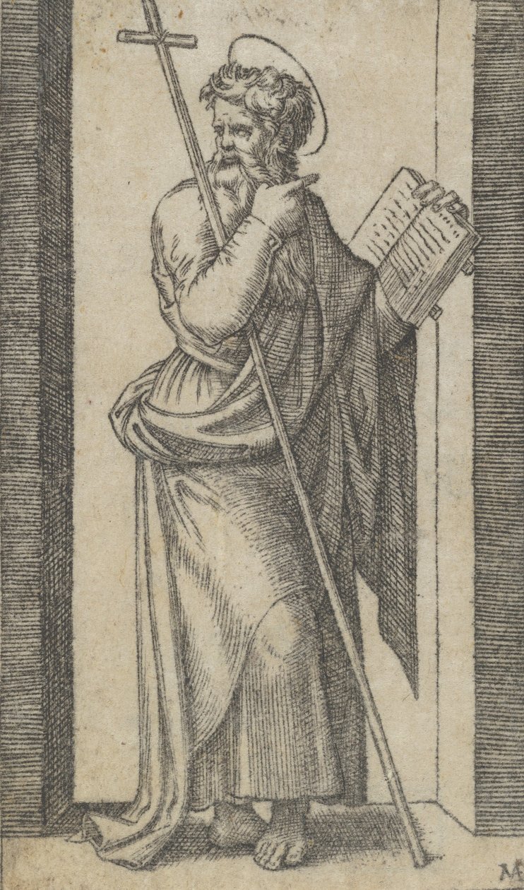 Sint Filippus, boek in zijn linkerhand, staf rustend op zijn linkerarm, ca. 1500-1527 door Marcantonio Raimondi