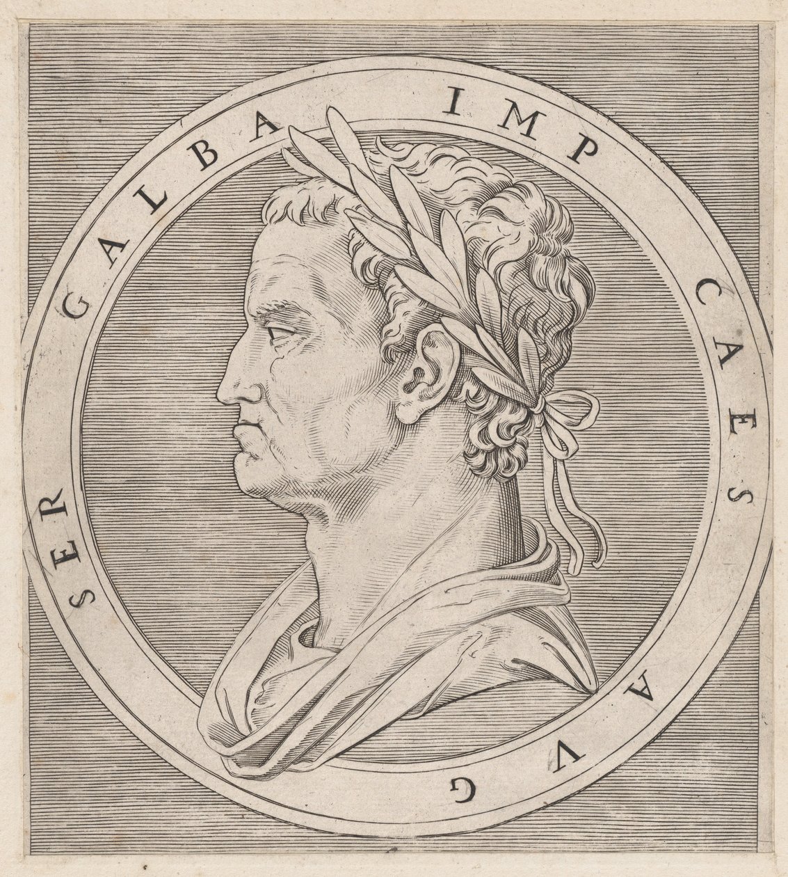 Speculum Romanae Magnificentiae: Galba, uit De Twaalf Caesars door Marcantonio Raimondi