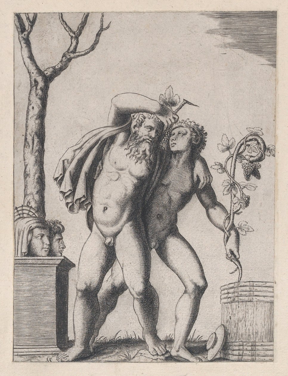 Speculum Romanae Magnificentiae: Jonge en oude Bacchant, ca. 1514-36 door Marcantonio Raimondi