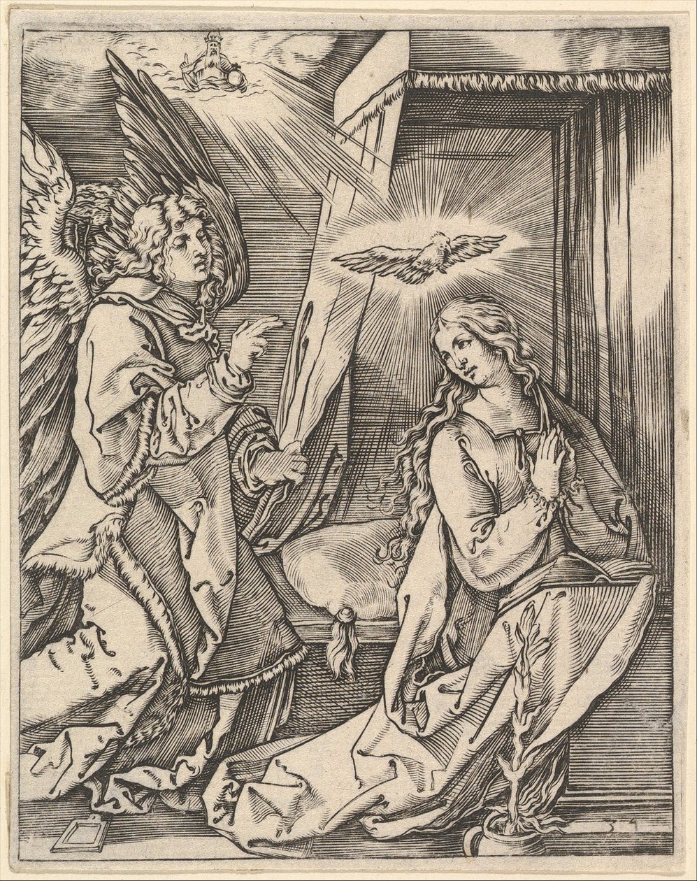 De annunciatie, links nadert de aartsengel Gabriël de biddende Maagd..., ca. 1500-1534 door Marcantonio Raimondi