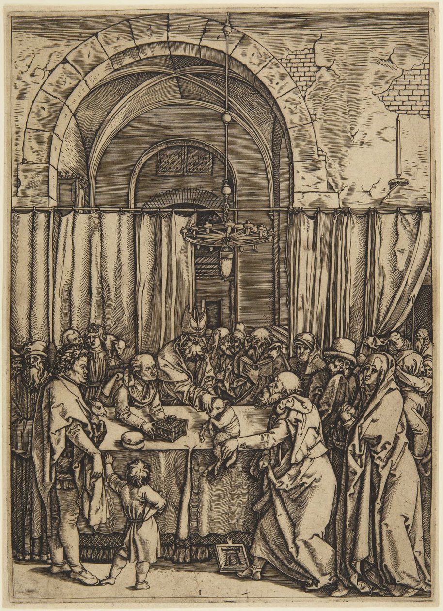 De hogepriester wijst Joachim af, plaat 1 uit het Leven van de Maagd door Marcantonio Raimondi
