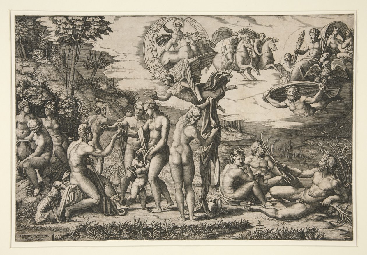 Het Oordeel van Parijs, naar Raphael, c.1510-20 door Marcantonio Raimondi