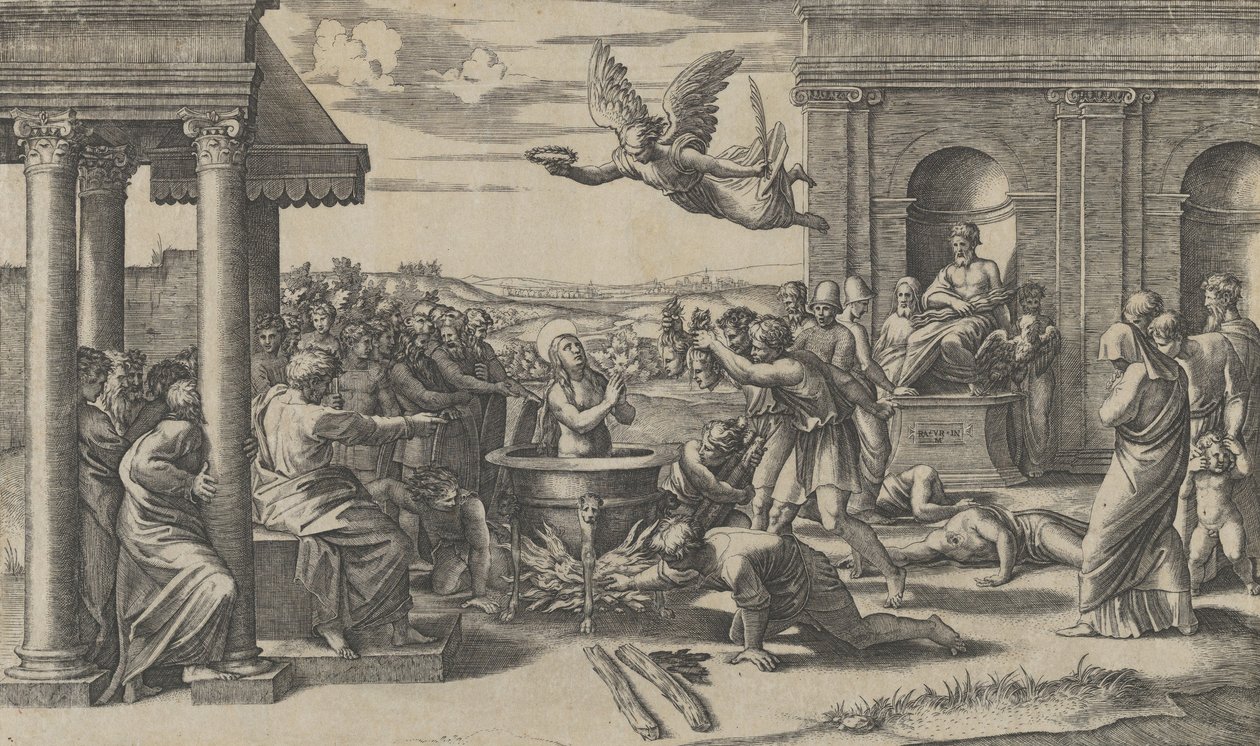 Het Martelaarschap van Sint Cecilia staand naakt in een grote ketel door Marcantonio Raimondi
