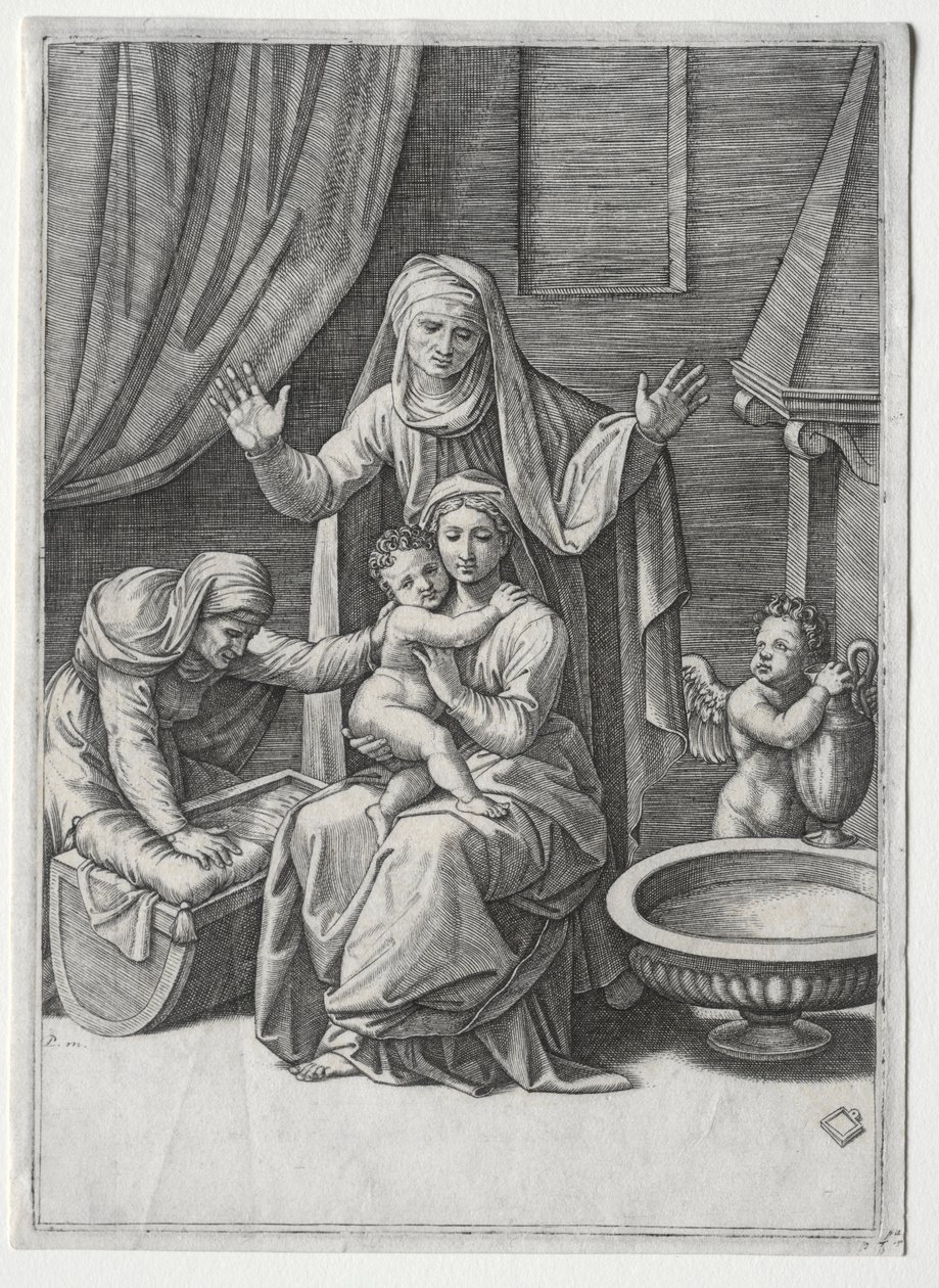 De Maagd en de Wieg met Sint Elisabeth en Sint Anna door Marcantonio Raimondi