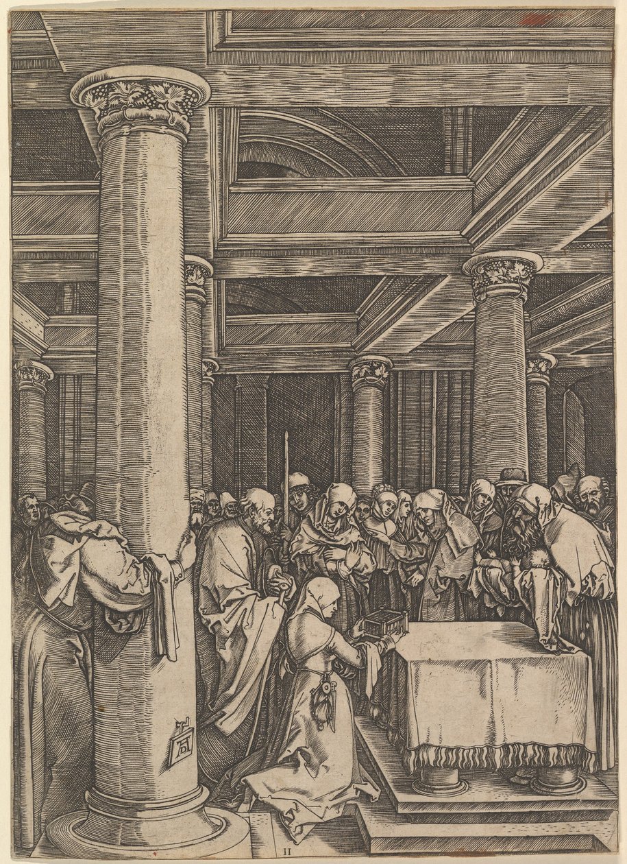 De presentatie van Jezus aan Simeon in de tempel, naar Dürer door Marcantonio Raimondi