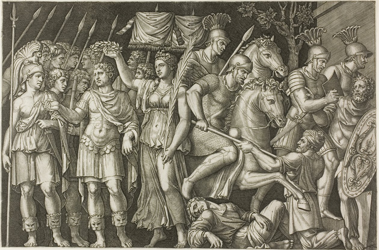 Trajanus gekroond door de overwinning door Marcantonio Raimondi