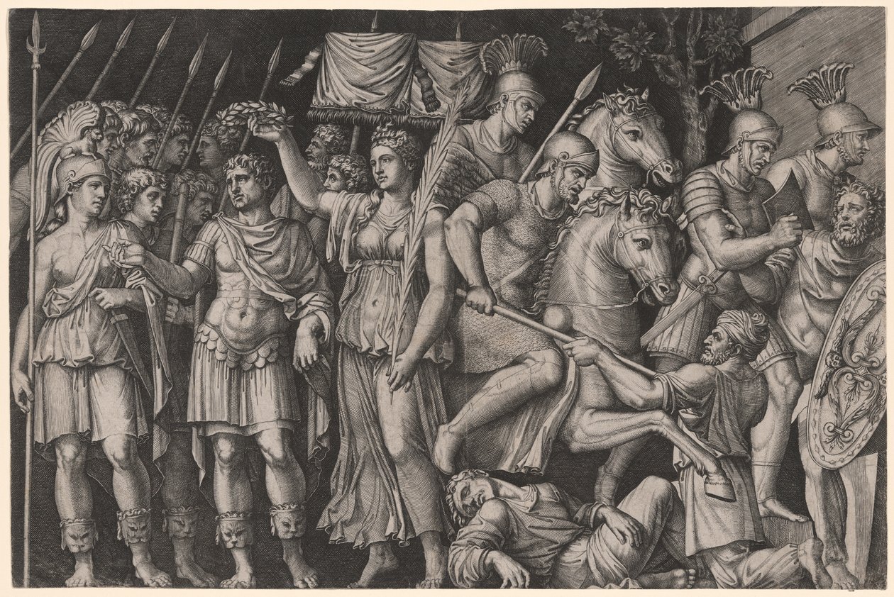 Trajanus gekroond door de overwinning door Marcantonio Raimondi