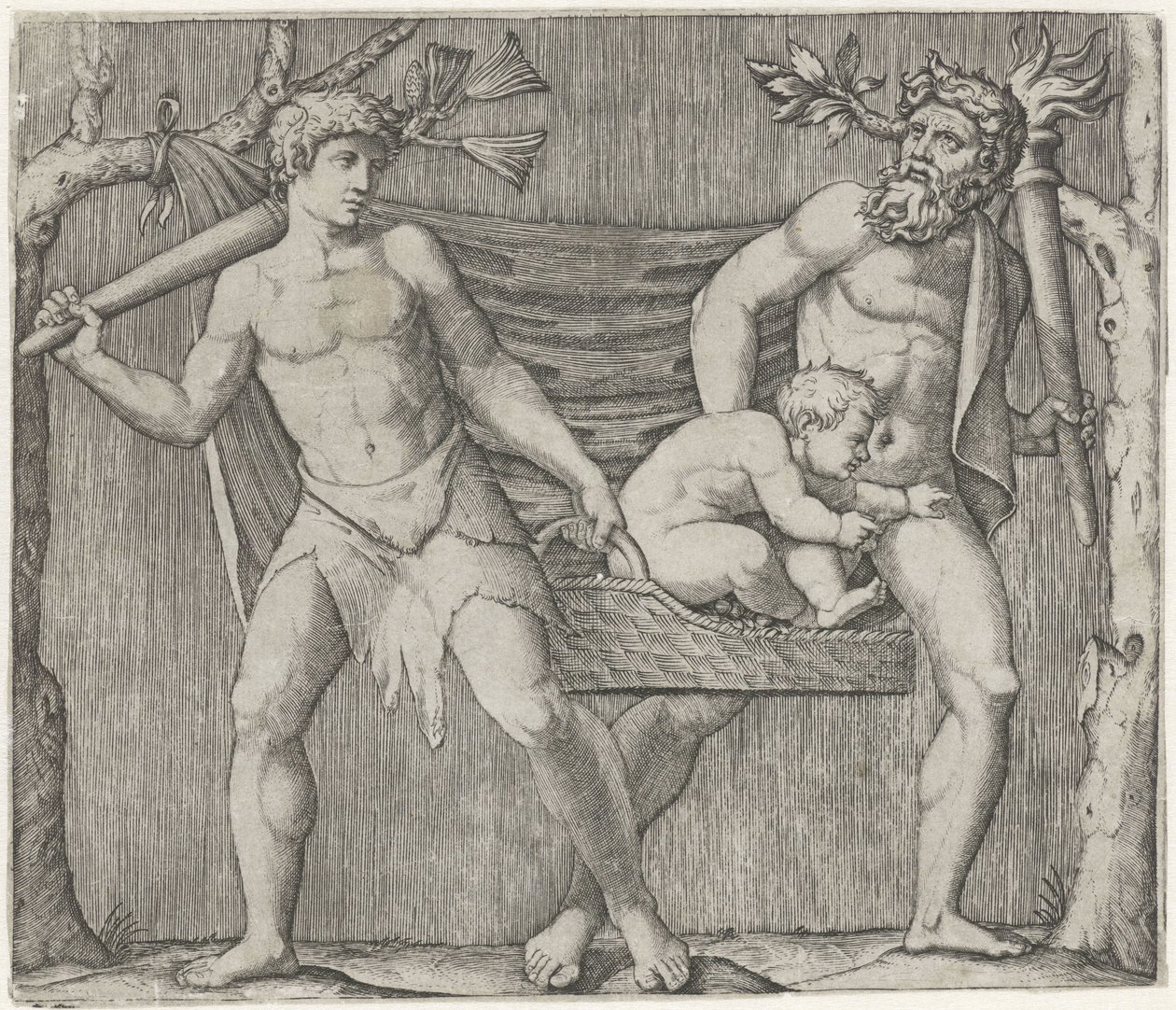 Twee fauns dragen een kind in een mand door Marcantonio Raimondi